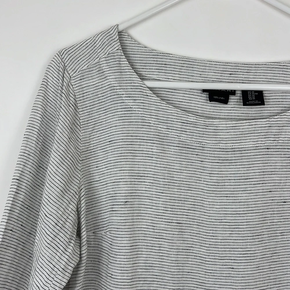 TAHARI 3/4 sleeve pullover top thin black stripes on white linen M - Picture 3 of 9